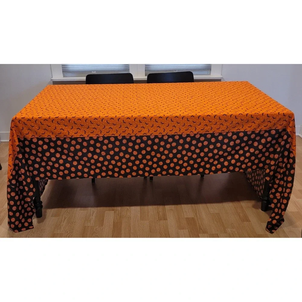 Handmade Halloween Tablecloth Orange Black Bats Pumpkins Extra Long 65